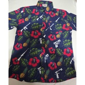 Springfield Armory Mens 2XL Tropical Floral Gun Print Button Down Party Shirt